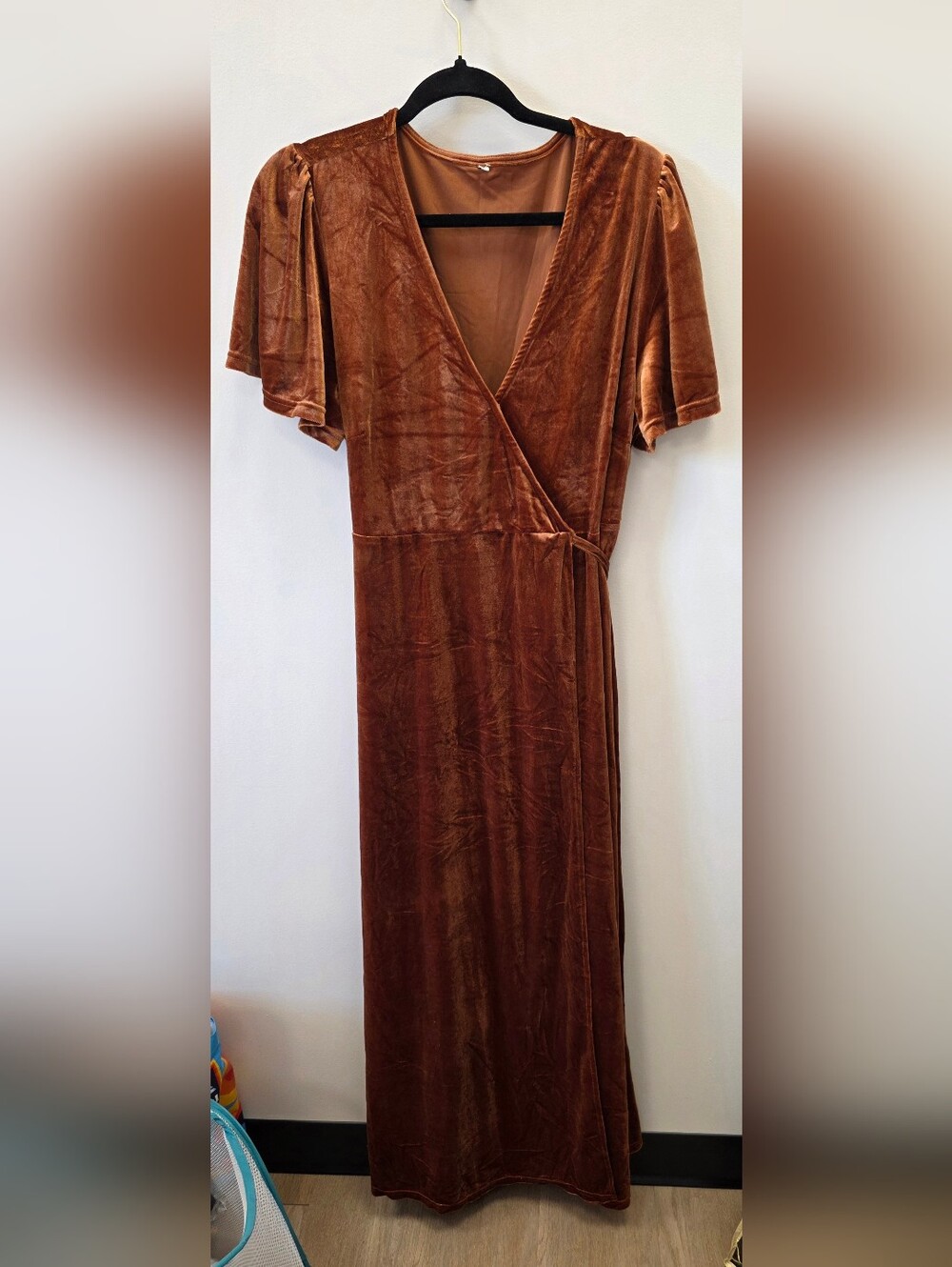 Copper Brown Velvet Wrap Maxi Dress | Short Sleeve Tie Waist XL